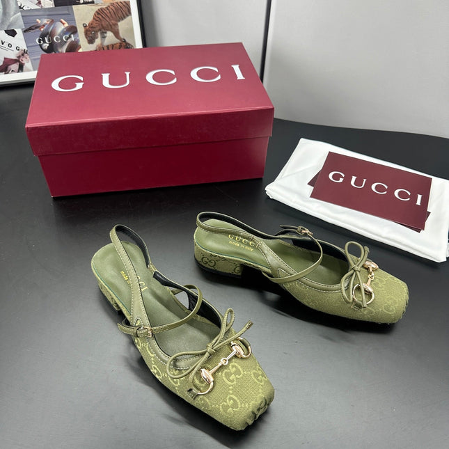 GUCCI 26S SLINGBACK 25 MM IN MOSS GREEN CANVAS
