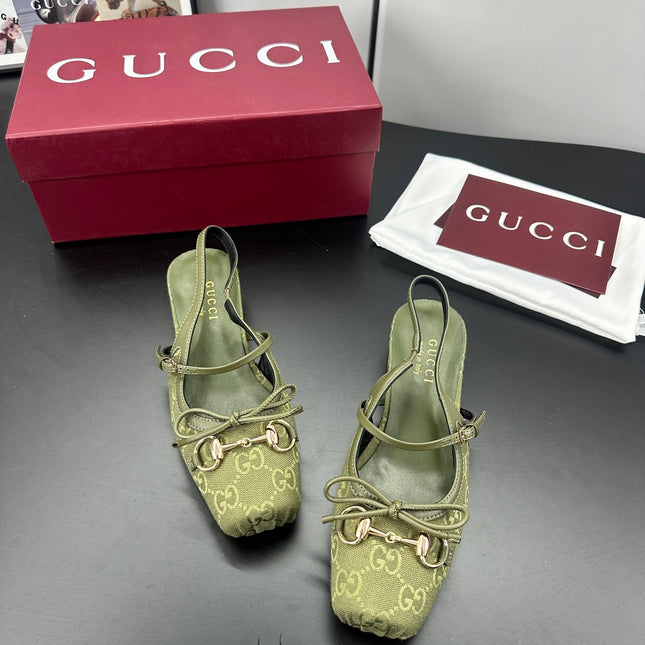 GUCCI 26S SLINGBACK 25 MM IN MOSS GREEN CANVAS