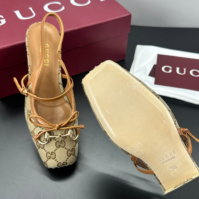 GUCCI 26S SLINGBACK 25 MM IN DARK BEIGE CANVAS