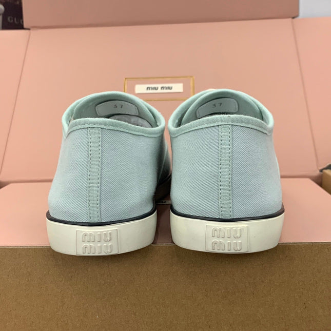 MIUMIU 26S LACE UP SNEAKERS IN PALE MINT CANVAS RUBBER SOLE