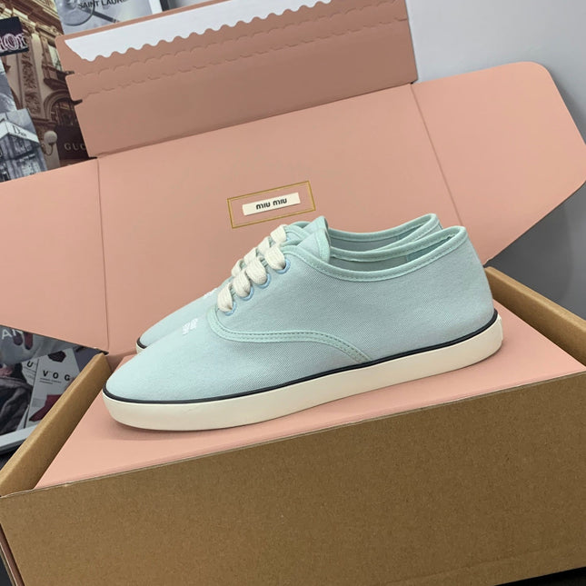 MIUMIU 26S LACE UP SNEAKERS IN PALE MINT CANVAS RUBBER SOLE