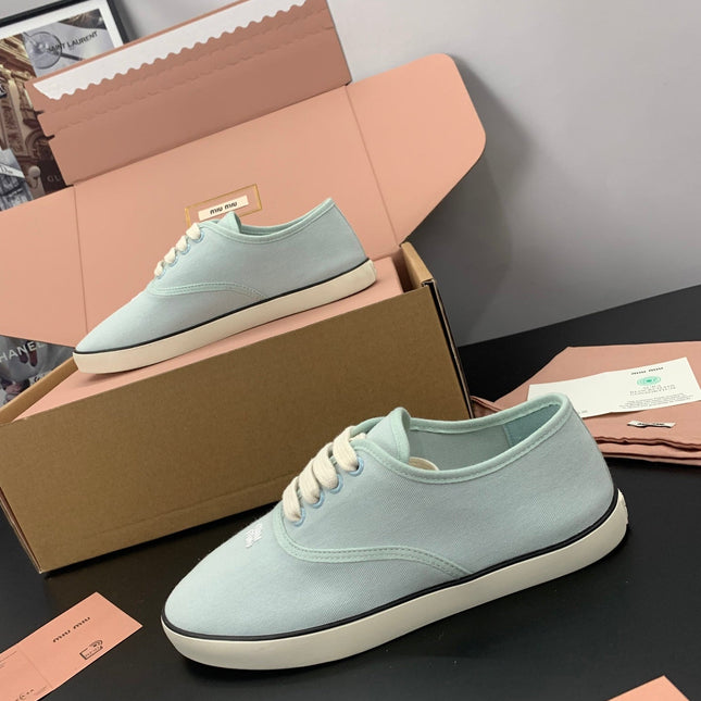 MIUMIU 26S LACE UP SNEAKERS IN PALE MINT CANVAS RUBBER SOLE