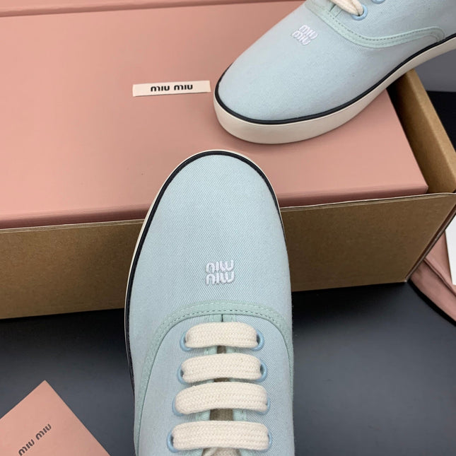 MIUMIU 26S LACE UP SNEAKERS IN PALE MINT CANVAS RUBBER SOLE