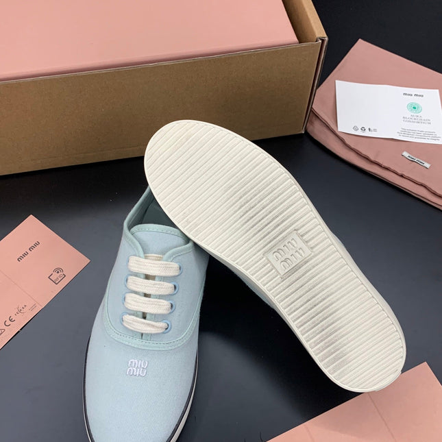 MIUMIU 26S LACE UP SNEAKERS IN PALE MINT CANVAS RUBBER SOLE
