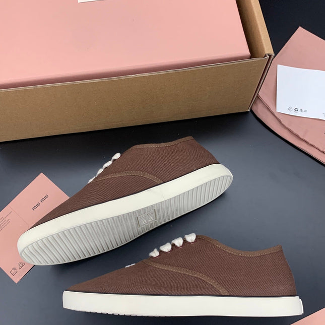 MIUMIU 26S LACE UP SNEAKERS IN DARK BROWN CANVAS RUBBER SOLE