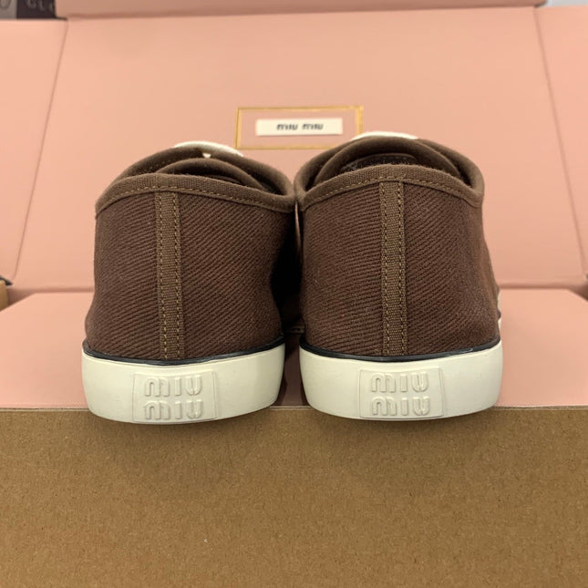 MIUMIU 26S LACE UP SNEAKERS IN DARK BROWN CANVAS RUBBER SOLE