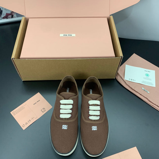 MIUMIU 26S LACE UP SNEAKERS IN DARK BROWN CANVAS RUBBER SOLE