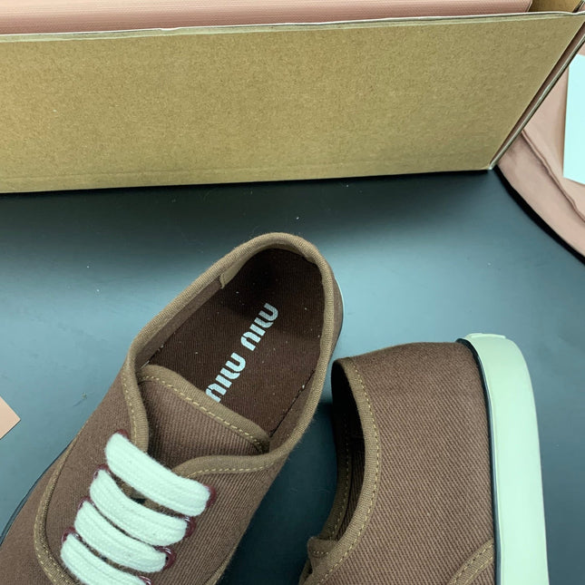 MIUMIU 26S LACE UP SNEAKERS IN DARK BROWN CANVAS RUBBER SOLE