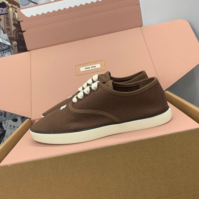 MIUMIU 26S LACE UP SNEAKERS IN DARK BROWN CANVAS RUBBER SOLE