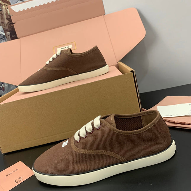 MIUMIU 26S LACE UP SNEAKERS IN DARK BROWN CANVAS RUBBER SOLE