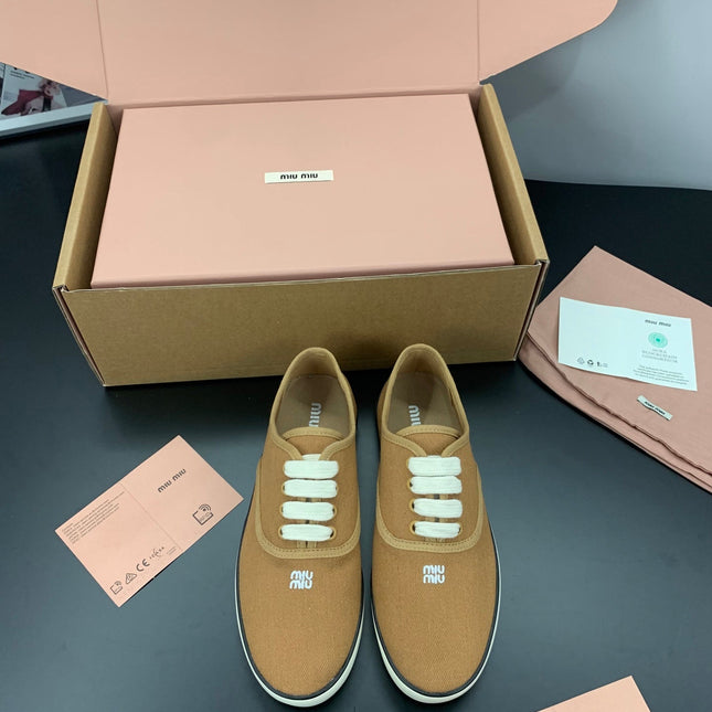 MIUMIU 26S LACE UP SNEAKERS IN CARAMEL BROWN CANVAS RUBBER SOLE