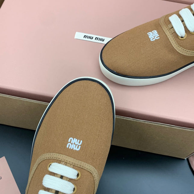 MIUMIU 26S LACE UP SNEAKERS IN CARAMEL BROWN CANVAS RUBBER SOLE