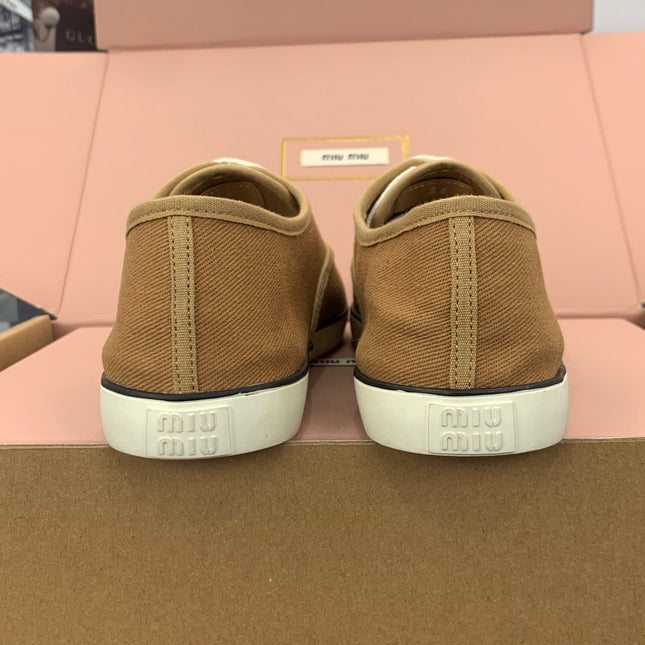 MIUMIU 26S LACE UP SNEAKERS IN CARAMEL BROWN CANVAS RUBBER SOLE