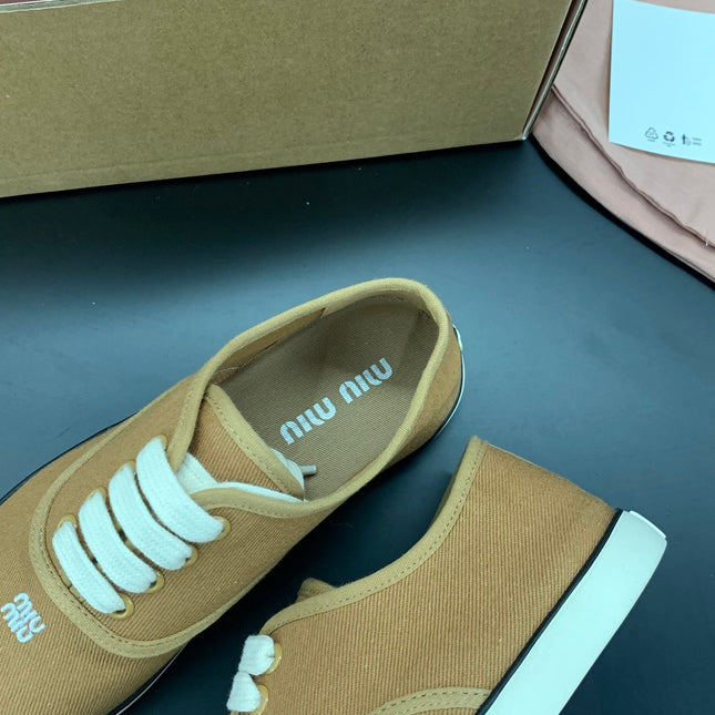 MIUMIU 26S LACE UP SNEAKERS IN CARAMEL BROWN CANVAS RUBBER SOLE