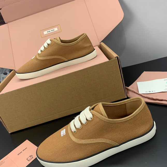 MIUMIU 26S LACE UP SNEAKERS IN CARAMEL BROWN CANVAS RUBBER SOLE