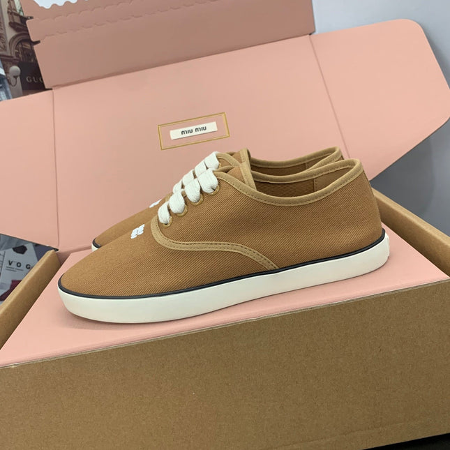MIUMIU 26S LACE UP SNEAKERS IN CARAMEL BROWN CANVAS RUBBER SOLE
