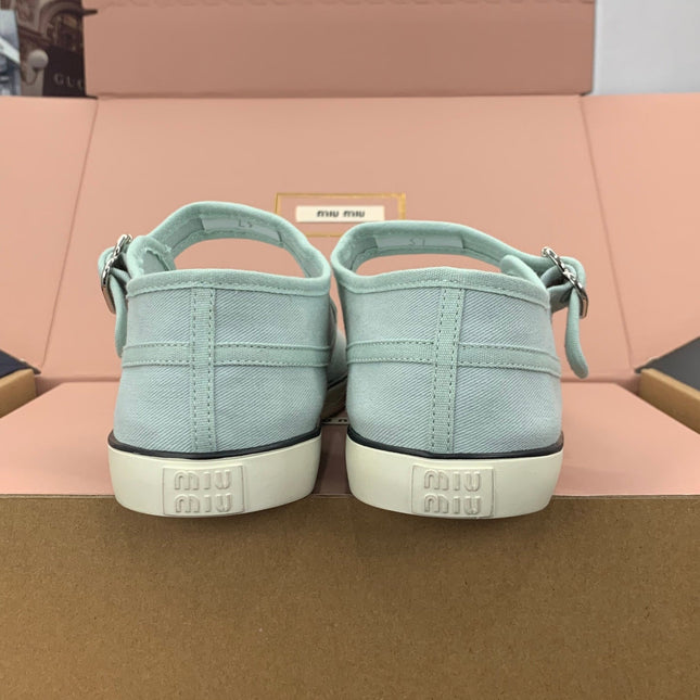 MIUMIU 26S MARY JANE FLATS IN PALE MINT CANVAS LOGO