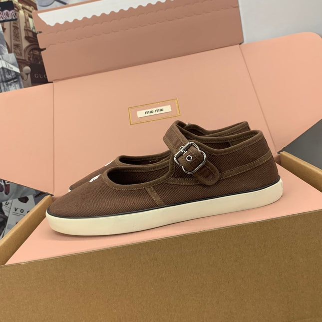 MIUMIU 26S MARY JANE FLATS IN DARK BROWN CANVAS LOGO