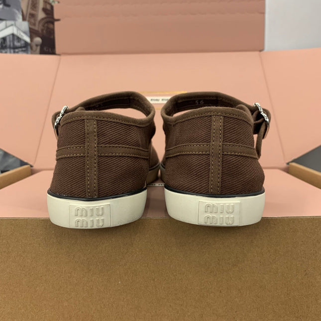 MIUMIU 26S MARY JANE FLATS IN DARK BROWN CANVAS LOGO