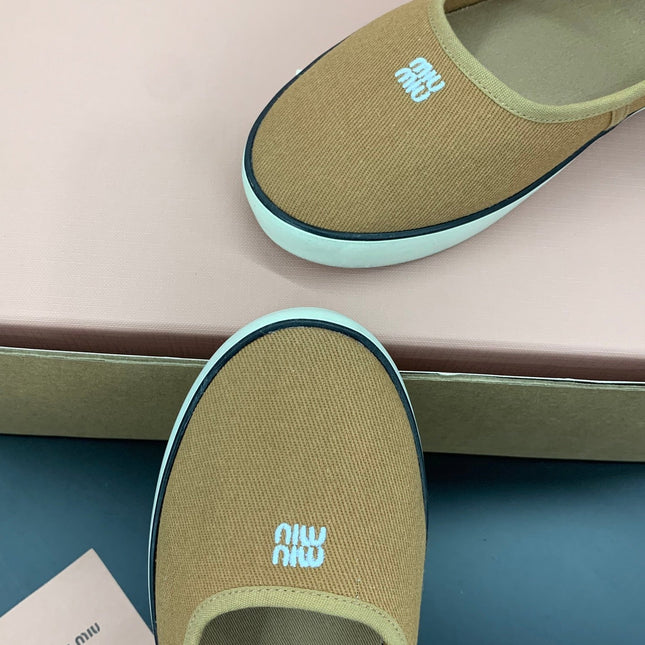 MIUMIU 26S MARY JANE FLATS IN CARAMEL BROWN CANVAS LOGO