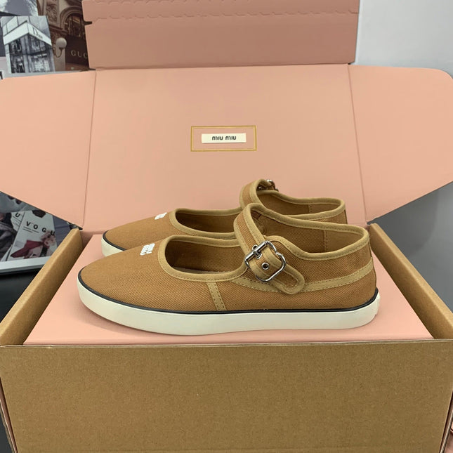 MIUMIU 26S MARY JANE FLATS IN CARAMEL BROWN CANVAS LOGO