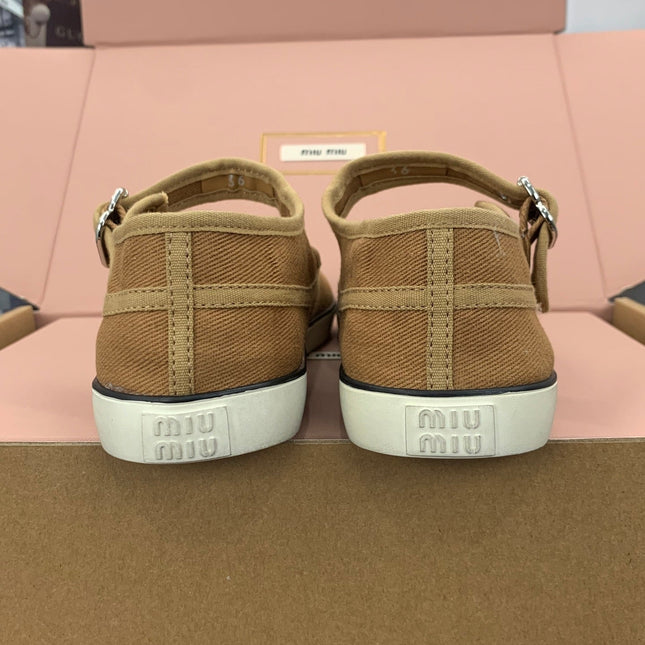 MIUMIU 26S MARY JANE FLATS IN CARAMEL BROWN CANVAS LOGO