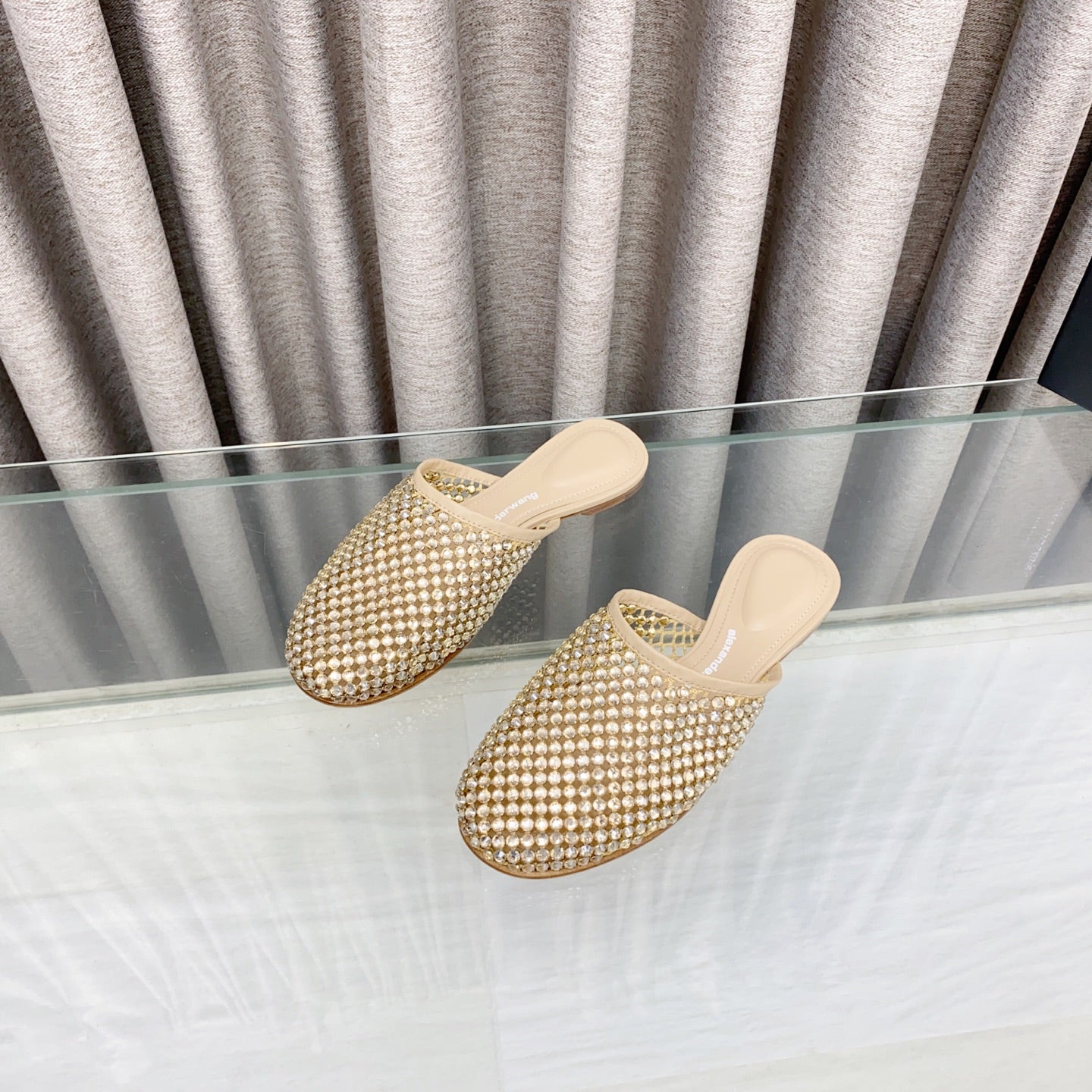 YELLOW CRYSTAL STUDDED FLAT MULE IN BEIGE MESH UPPER