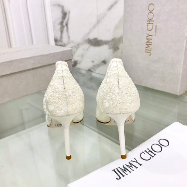 JIMMY CHOO 26S SCALLOPED LACE PUMP 85 MM IN WHITE FABRIC