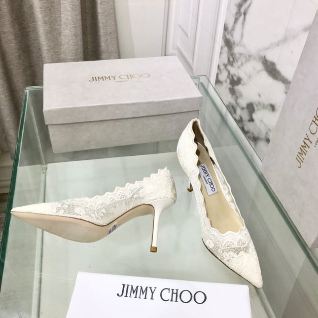 JIMMY CHOO 26S SCALLOPED LACE PUMP 85 MM IN WHITE FABRIC