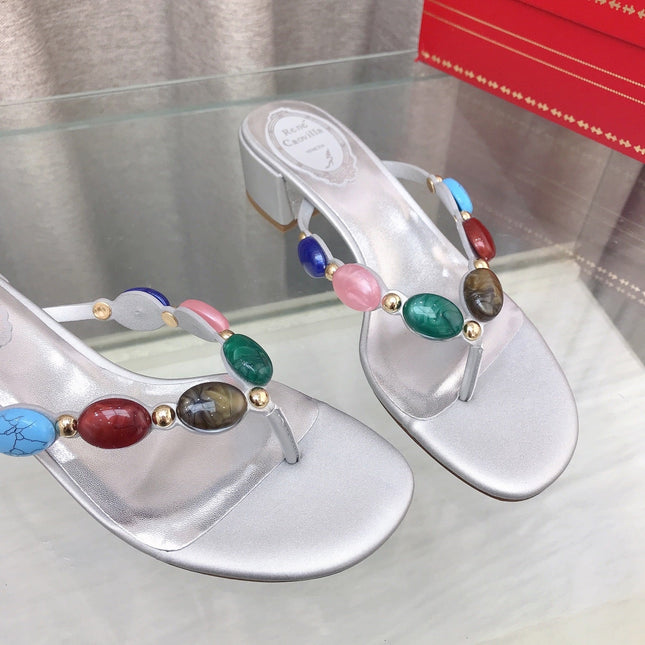 RENE CAOVILLA 26S THONG SANDALS 45 MM IN SILVER LAMBSKIN
