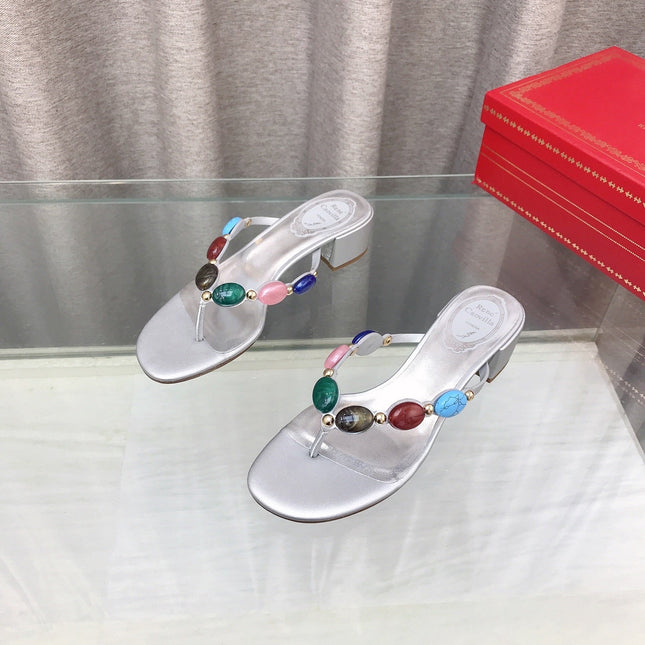 RENE CAOVILLA 26S THONG SANDALS 45 MM IN SILVER LAMBSKIN