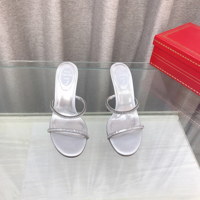 RENE CAOVILLA 26S HIGH-HEELED SANDALS 85 MM IN SILVER LAMBSKIN