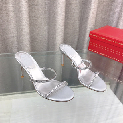 RENE CAOVILLA 26S HIGH-HEELED SANDALS 85 MM IN SILVER LAMBSKIN