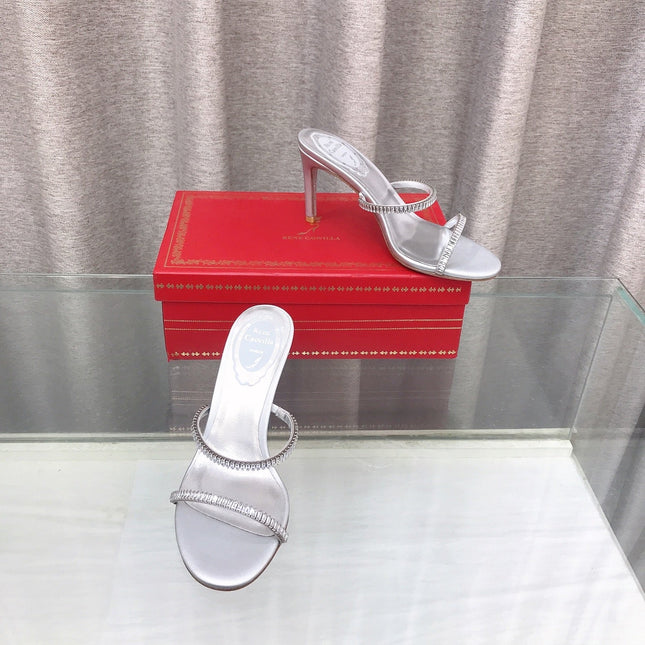 RENE CAOVILLA 26S HIGH-HEELED SANDALS 85 MM IN SILVER LAMBSKIN