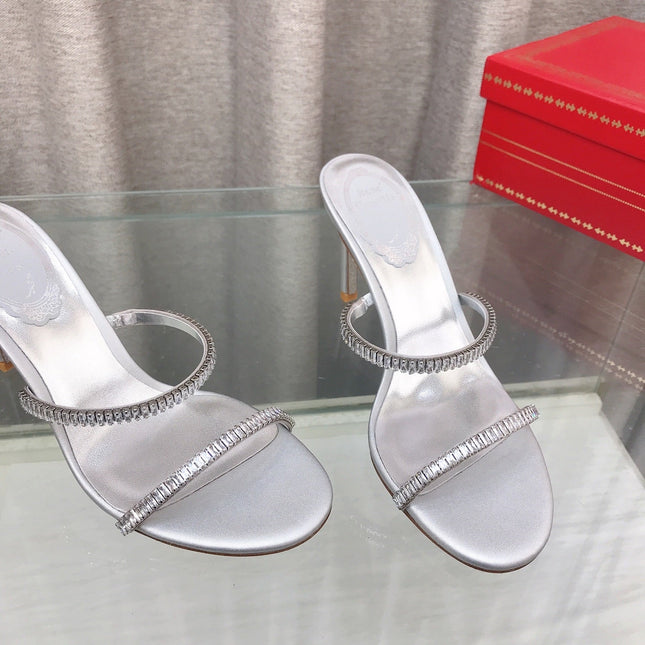 RENE CAOVILLA 26S HIGH-HEELED SANDALS 85 MM IN SILVER LAMBSKIN