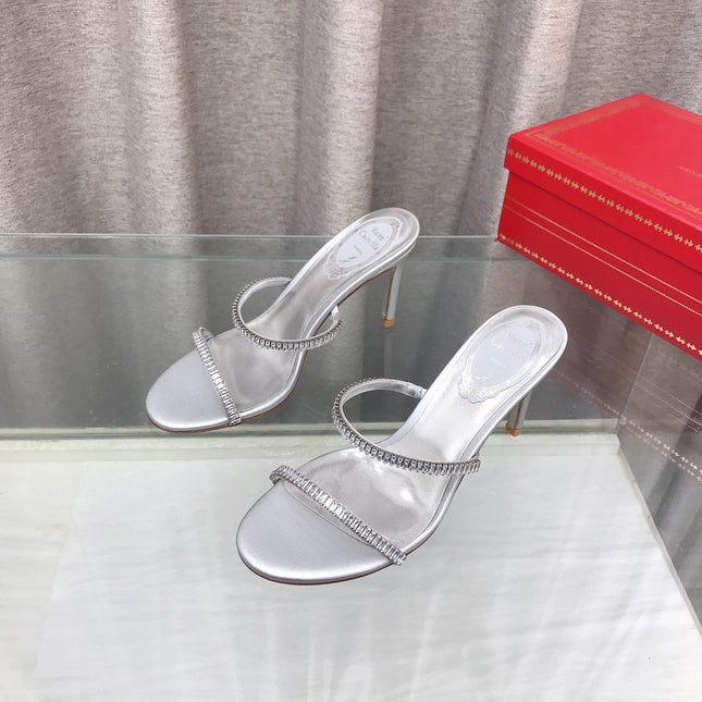 RENE CAOVILLA 26S HIGH-HEELED SANDALS 85 MM IN SILVER LAMBSKIN