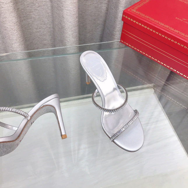 RENE CAOVILLA 26S HIGH-HEELED SANDALS 85 MM IN SILVER LAMBSKIN