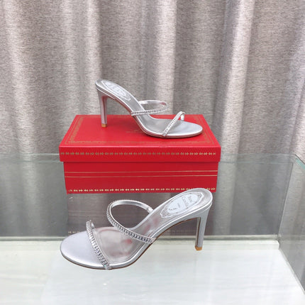 RENE CAOVILLA 26S HIGH-HEELED SANDALS 85 MM IN SILVER LAMBSKIN