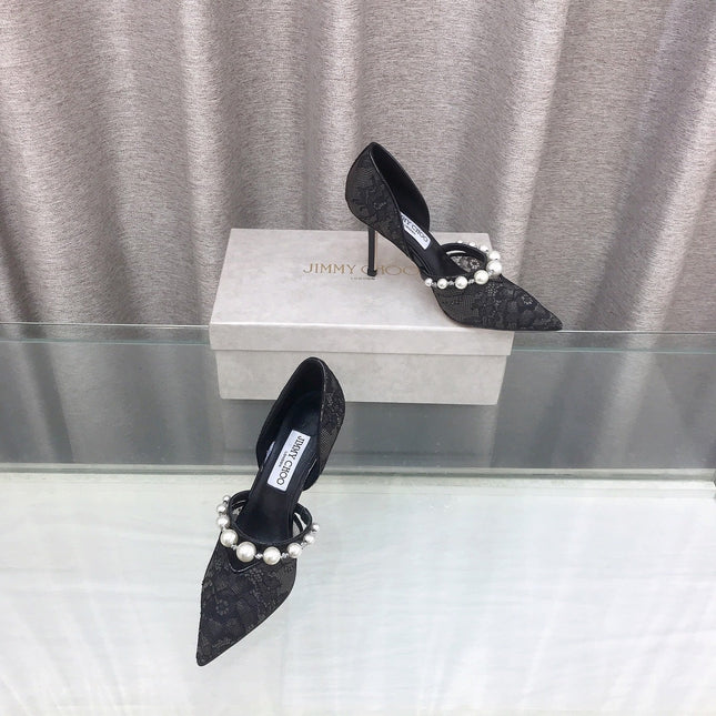 JIMMY CHOO 26S HIGH HEELS 85 MM IN BLACK LACE PEARL-EMBELLISHED
