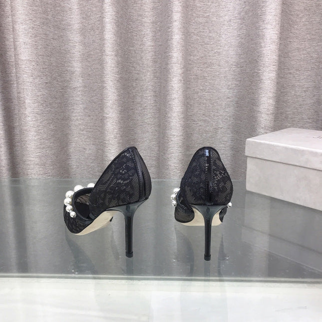 JIMMY CHOO 26S HIGH HEELS 85 MM IN BLACK LACE PEARL-EMBELLISHED