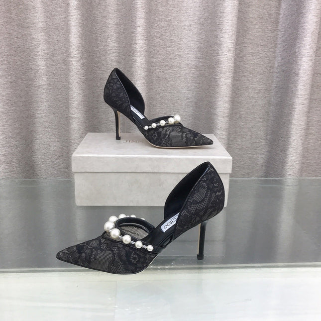 JIMMY CHOO 26S HIGH HEELS 85 MM IN BLACK LACE PEARL-EMBELLISHED
