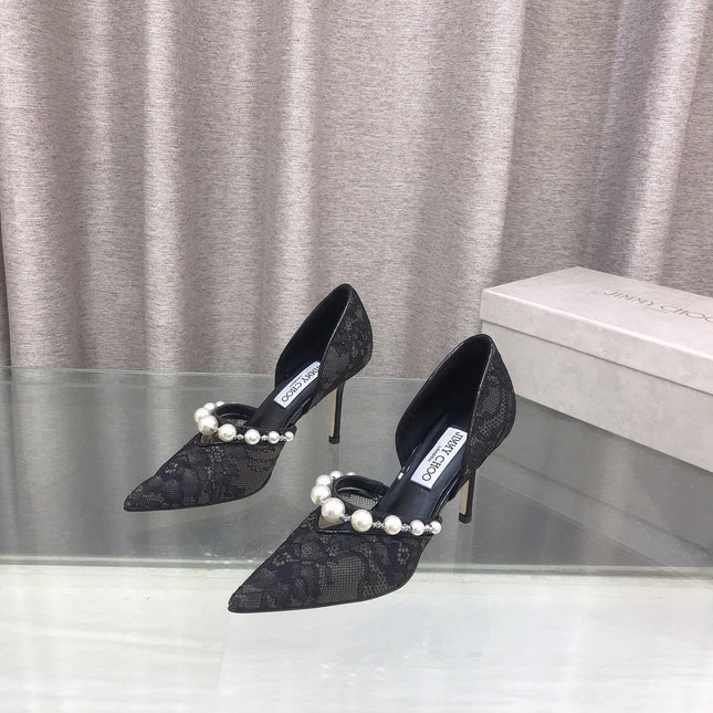 JIMMY CHOO 26S HIGH HEELS 85 MM IN BLACK LACE PEARL-EMBELLISHED