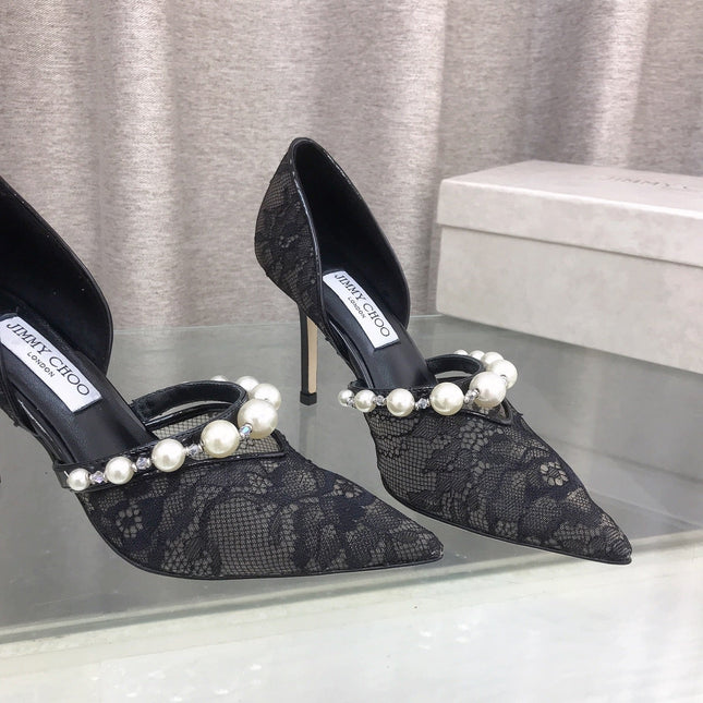 JIMMY CHOO 26S HIGH HEELS 85 MM IN BLACK LACE PEARL-EMBELLISHED