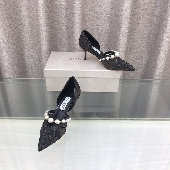 JIMMY CHOO 26S HIGH HEELS 65 MM IN BLACK LACE PEARL-EMBELLISHED