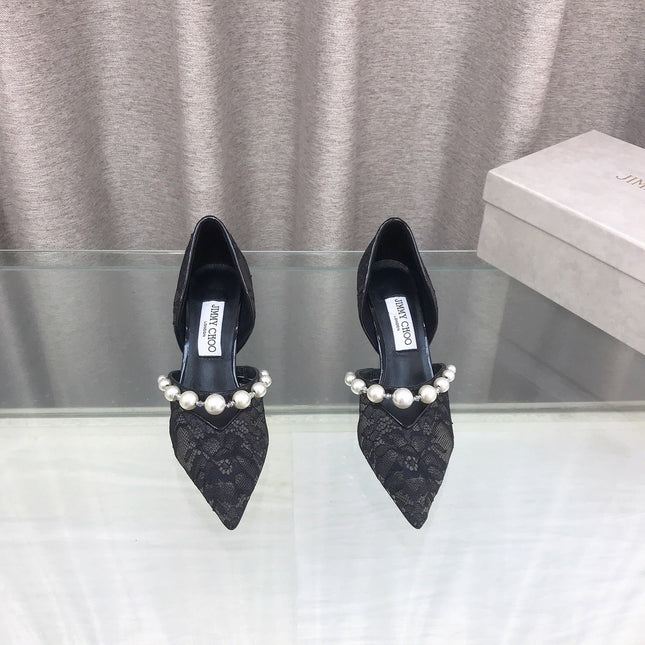 JIMMY CHOO 26S HIGH HEELS 65 MM IN BLACK LACE PEARL-EMBELLISHED