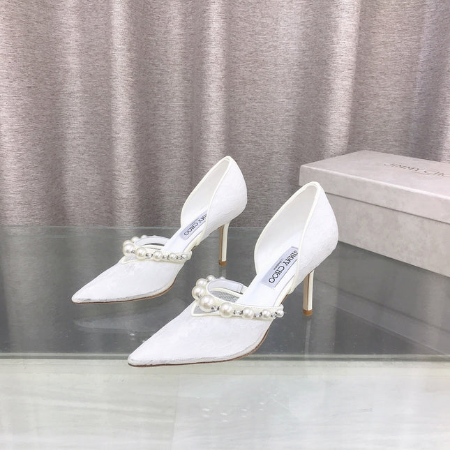 JIMMY CHOO 26S HIGH HEELS 85 MM IN WHITE LACE PEARL-EMBELLISHED