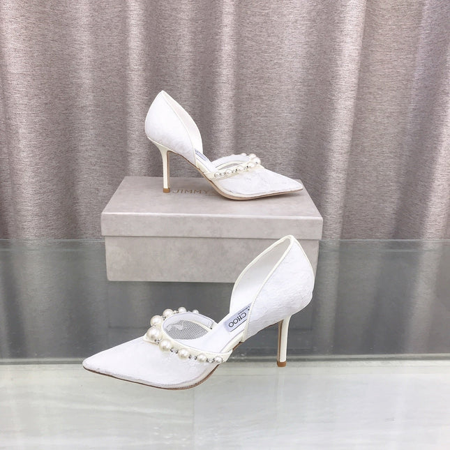 JIMMY CHOO 26S HIGH HEELS 85 MM IN WHITE LACE PEARL-EMBELLISHED