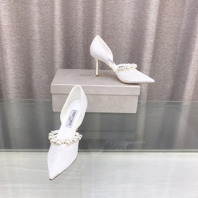 JIMMY CHOO 26S HIGH HEELS 85 MM IN WHITE LACE PEARL-EMBELLISHED