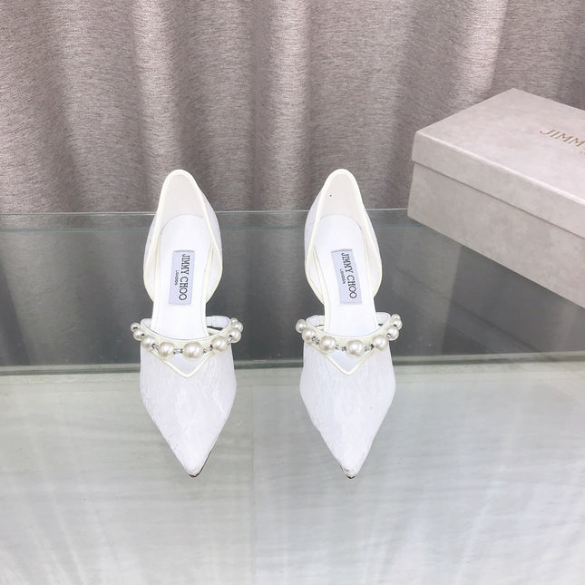 JIMMY CHOO 26S HIGH HEELS 65 MM IN WHITE LACE PEARL-EMBELLISHED