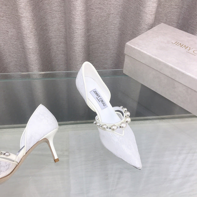 JIMMY CHOO 26S HIGH HEELS 65 MM IN WHITE LACE PEARL-EMBELLISHED
